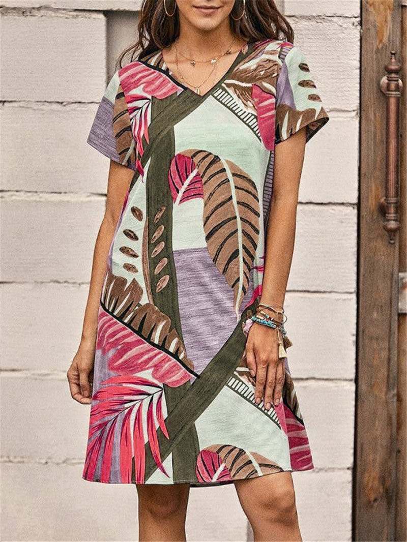 Loose Leaf Print Short Sleeve Dress - Mini Dresses - INS | Online Fashion Free Shipping Clothing, Dresses, Tops, Shoes - 17/07/2021 - 20-30 - Category_Mini Dresses