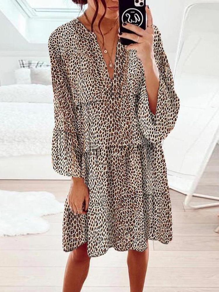 Loose Leopard Print V-neck Dress - Mini Dresses - INS | Online Fashion Free Shipping Clothing, Dresses, Tops, Shoes - 15/06/2021 - Color_Brown - DRE2106150428