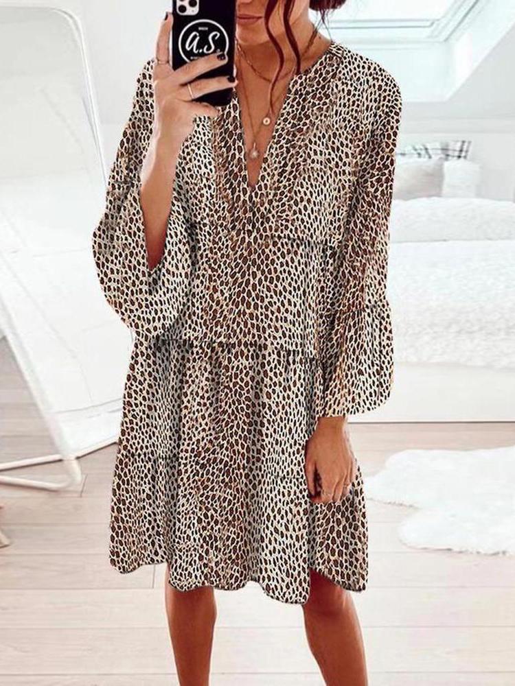 Loose Leopard Print V-neck Dress - Mini Dresses - INS | Online Fashion Free Shipping Clothing, Dresses, Tops, Shoes - 15/06/2021 - Color_Brown - DRE2106150428