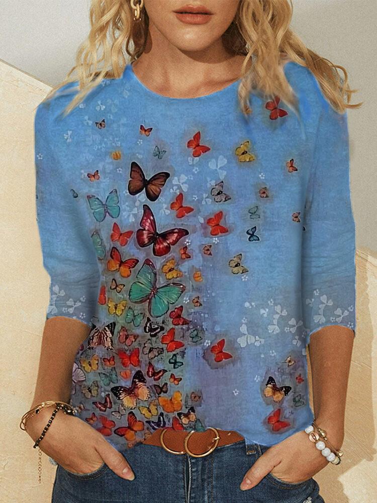 Loose Long Sleeve Round Neck Butterfly Print T-shirt - T-Shirts - INS | Online Fashion Free Shipping Clothing, Dresses, Tops, Shoes - 20-30 - 23/06/2021 - color-blue