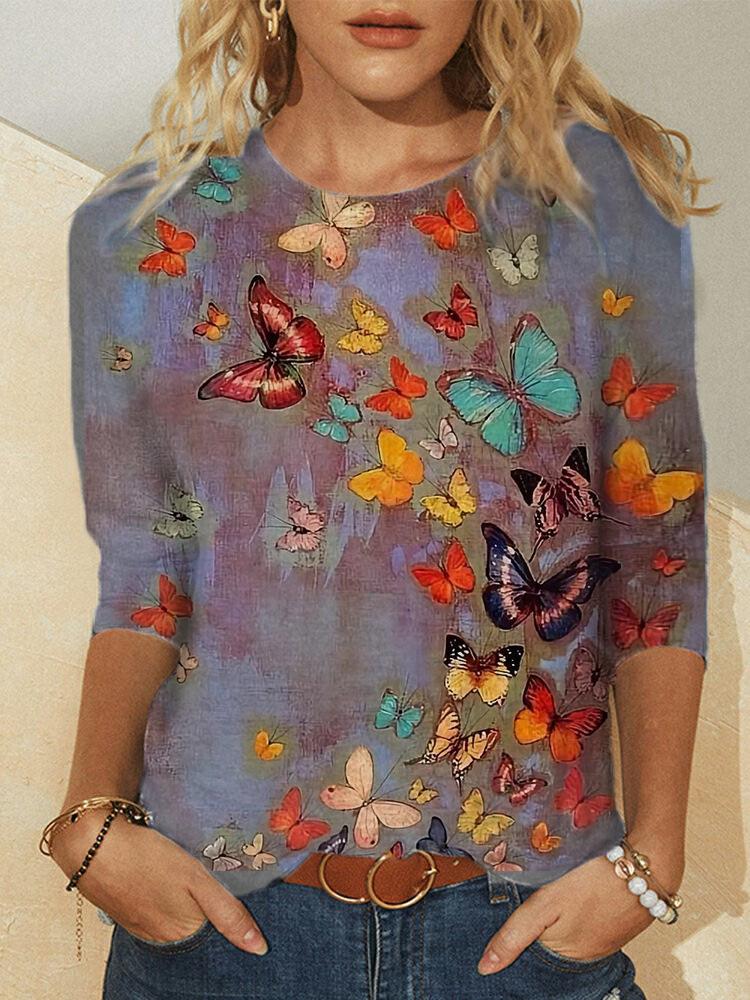 Loose Long Sleeve Round Neck Butterfly Print T-shirt - T-Shirts - INS | Online Fashion Free Shipping Clothing, Dresses, Tops, Shoes - 20-30 - 23/06/2021 - color-blue