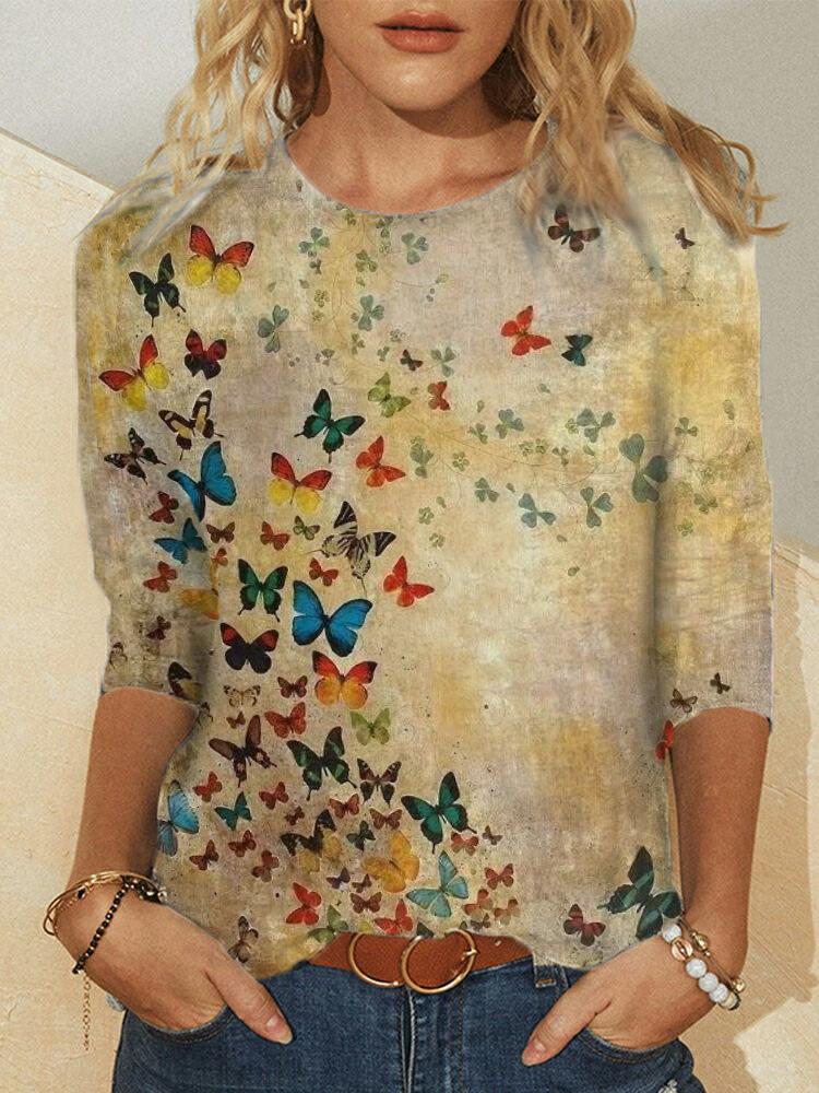 Loose Long Sleeve Round Neck Butterfly Print T-shirt - T-Shirts - INS | Online Fashion Free Shipping Clothing, Dresses, Tops, Shoes - 20-30 - 23/06/2021 - color-blue
