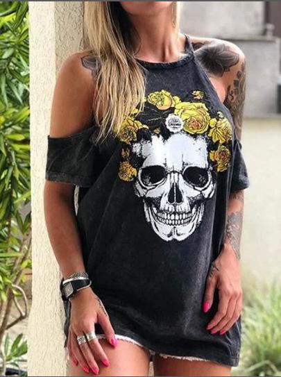 Loose Off-the-shoulder Skull Print T-shirt - T-shirts - INS | Online Fashion Free Shipping Clothing, Dresses, Tops, Shoes - 10-20 - 27/07/2021 - color-navy_gray