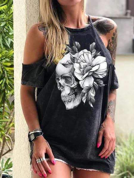 Loose Off-the-shoulder Skull Print T-shirt - T-shirts - INS | Online Fashion Free Shipping Clothing, Dresses, Tops, Shoes - 10-20 - 27/07/2021 - color-navy_gray