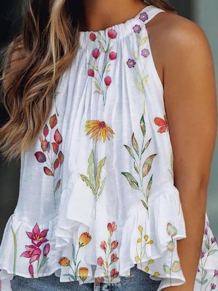 Loose Print Ruffled Sleeveless Casual Tank Tops - Tank Tops - INS | Online Fashion Free Shipping Clothing, Dresses, Tops, Shoes - 11/06/2021 - Category_Tank Tops - Color_White