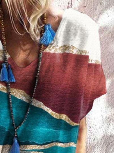 Loose Print Short Sleeve V Neck T-shirt - T-shirts - INS | Online Fashion Free Shipping Clothing, Dresses, Tops, Shoes - 03/07/2021 - 10-20 - color-blue