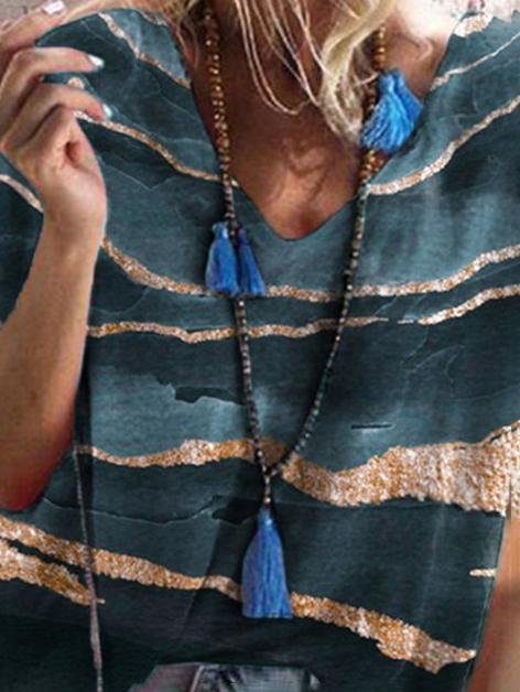 Loose Print Short Sleeve V Neck T-shirt - T-shirts - INS | Online Fashion Free Shipping Clothing, Dresses, Tops, Shoes - 03/07/2021 - 10-20 - color-blue