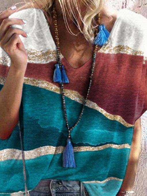 Loose Print Short Sleeve V Neck T-shirt - T-shirts - INS | Online Fashion Free Shipping Clothing, Dresses, Tops, Shoes - 03/07/2021 - 10-20 - color-blue