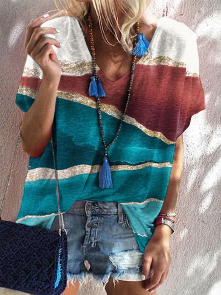 Loose Print Short Sleeve V Neck T-shirt - T-shirts - INS | Online Fashion Free Shipping Clothing, Dresses, Tops, Shoes - 03/07/2021 - 10-20 - color-blue