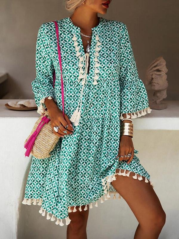 Loose Printed 3/4 Sleeve Fringed V-Neck Dress - Mini Dresses - INS | Online Fashion Free Shipping Clothing, Dresses, Tops, Shoes - 26/07/2021 - 40-50 - Category_Mini Dresses