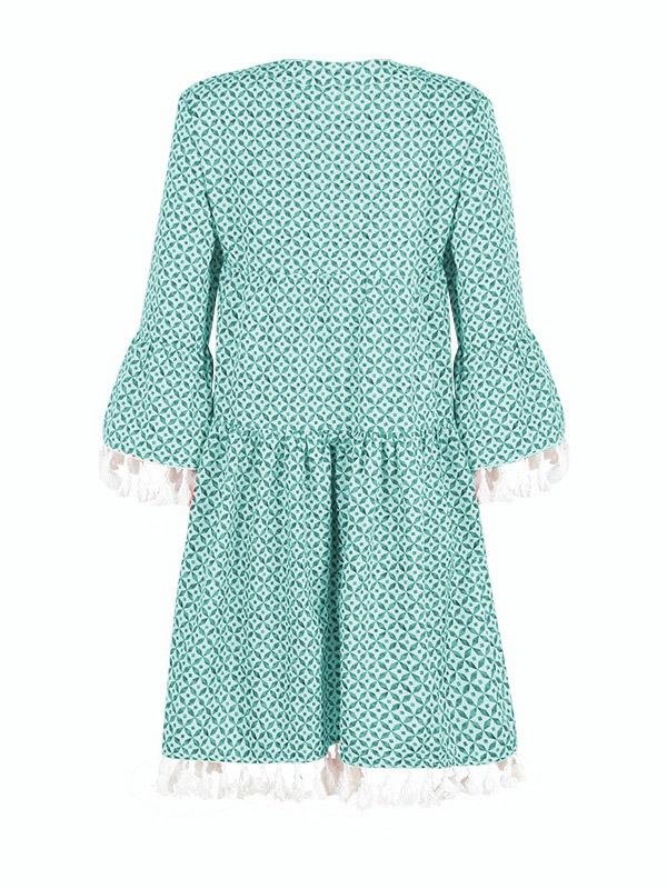 Loose Printed 3/4 Sleeve Fringed V-Neck Dress - Mini Dresses - INS | Online Fashion Free Shipping Clothing, Dresses, Tops, Shoes - 26/07/2021 - 40-50 - Category_Mini Dresses