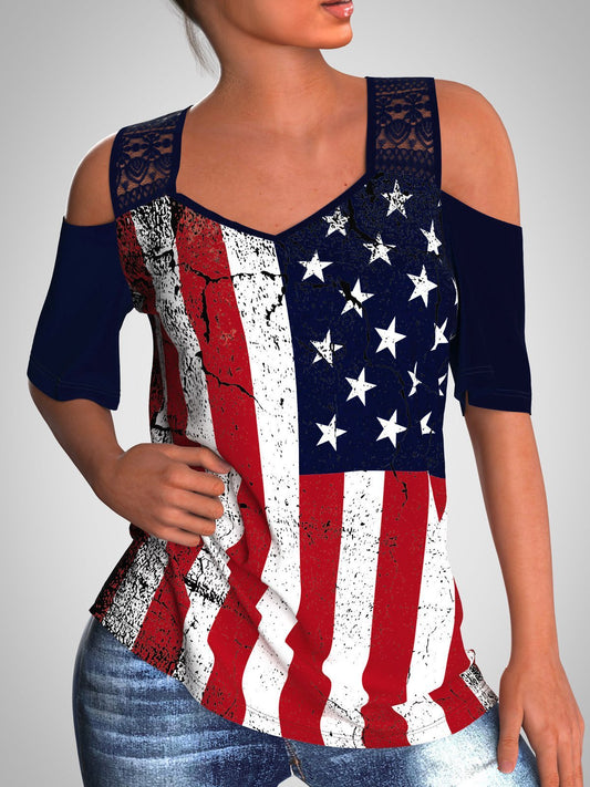 Loose Printed Off-the-shoulder Short Sleeve T-shirt - T Shirts - INS | Online Fashion Free Shipping Clothing, Dresses, Tops, Shoes - 05/22/2021 - Category_T Shirts - Color_Multicolor