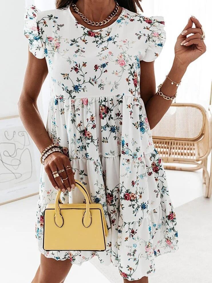 Loose Printed Ruffled Short-sleeved Dress - Mini Dresses - INS | Online Fashion Free Shipping Clothing, Dresses, Tops, Shoes - 20-30 - 21/06/2021 - color-blue