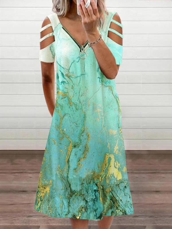 Loose Printed Short Sleeve Zippered V-neck Dress - Midi Dresses - INS | Online Fashion Free Shipping Clothing, Dresses, Tops, Shoes - 10/06/2021 - Category_Midi Dresses - Color_Green