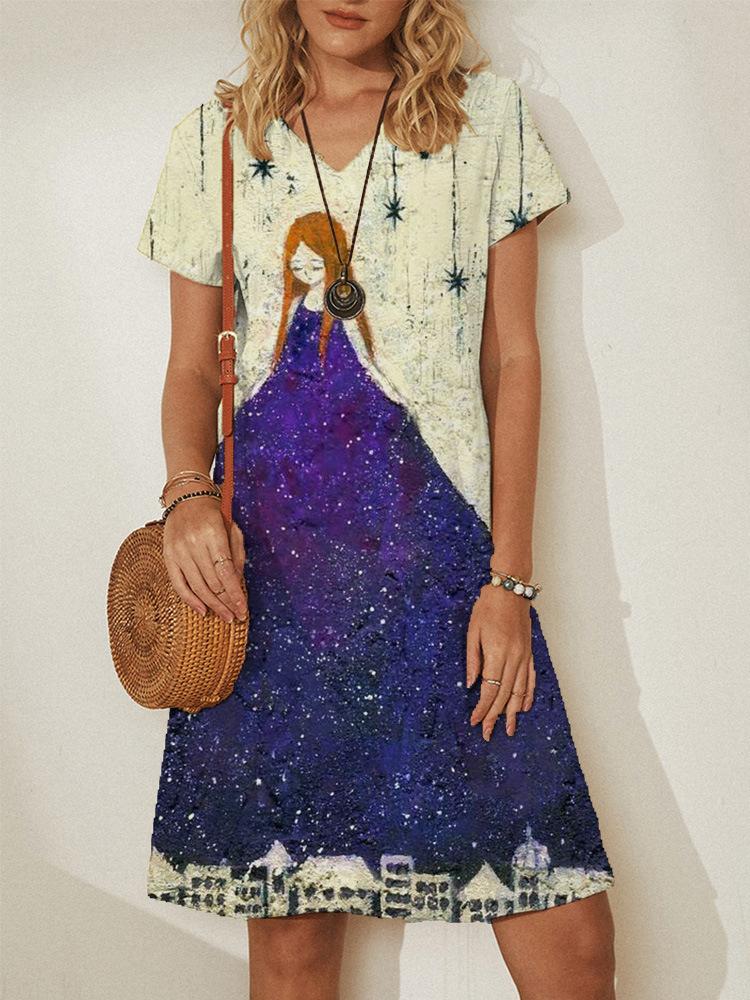 Loose Printed V Neck Dress - Mini Dresses - INS | Online Fashion Free Shipping Clothing, Dresses, Tops, Shoes - 11/06/2021 - Color_Beige - DRE2106110361