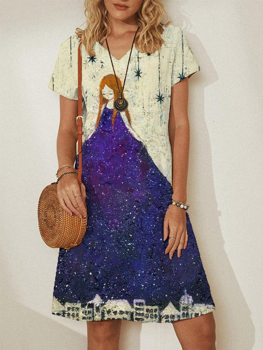 Loose Printed V Neck Dress - Mini Dresses - INS | Online Fashion Free Shipping Clothing, Dresses, Tops, Shoes - 11/06/2021 - Color_Beige - DRE2106110361