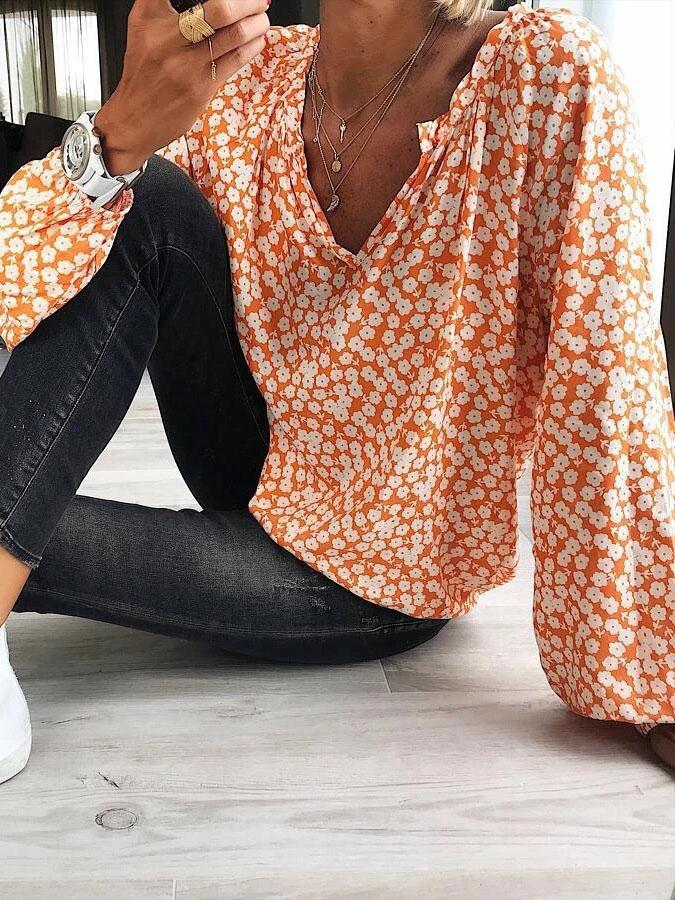 Loose Printed V-Neck Long Sleeve Blouses - Blouses - INS | Online Fashion Free Shipping Clothing, Dresses, Tops, Shoes - 09/07/2021 - 10-20 - BLO2107091181