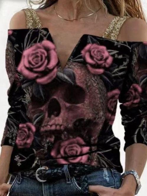 Loose Printed V-neck One-shoulder Long Sleeve T-shirt - T-shirts - INS | Online Fashion Free Shipping Clothing, Dresses, Tops, Shoes - 07/06/2021 - Color_Pink - Color_Purple