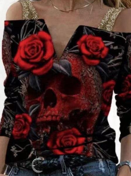 Loose Printed V-neck One-shoulder Long Sleeve T-shirt - T-shirts - INS | Online Fashion Free Shipping Clothing, Dresses, Tops, Shoes - 07/06/2021 - Color_Pink - Color_Purple