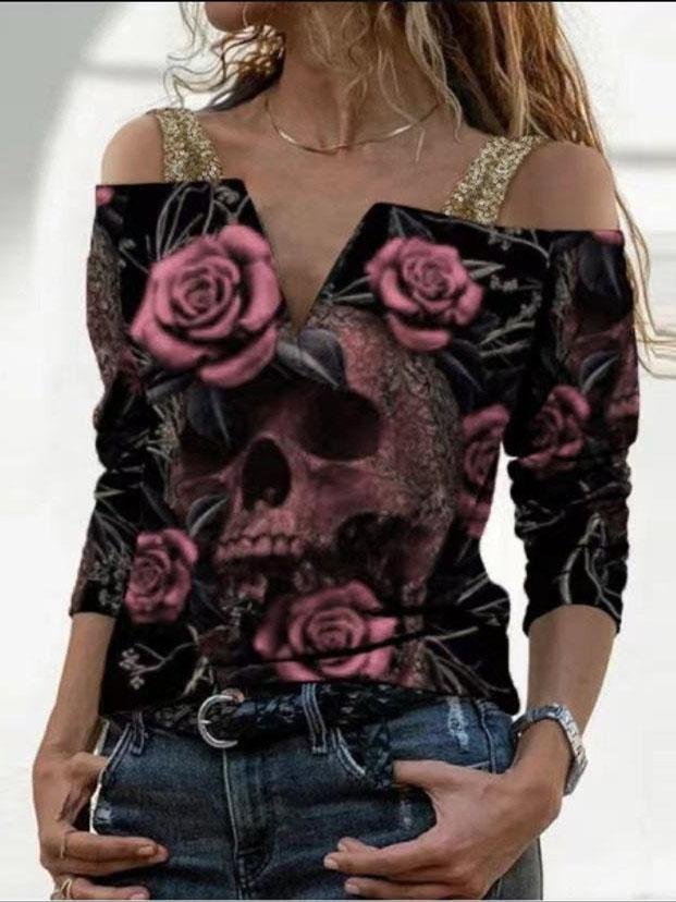 Loose Printed V-neck One-shoulder Long Sleeve T-shirt - T-shirts - INS | Online Fashion Free Shipping Clothing, Dresses, Tops, Shoes - 07/06/2021 - Color_Pink - Color_Purple