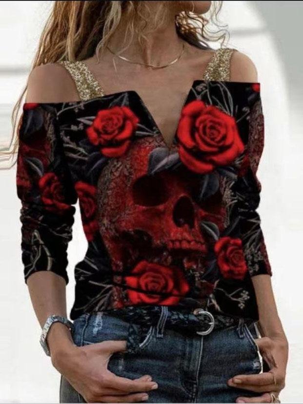 Loose Printed V-neck One-shoulder Long Sleeve T-shirt - T-shirts - INS | Online Fashion Free Shipping Clothing, Dresses, Tops, Shoes - 07/06/2021 - Color_Pink - Color_Purple