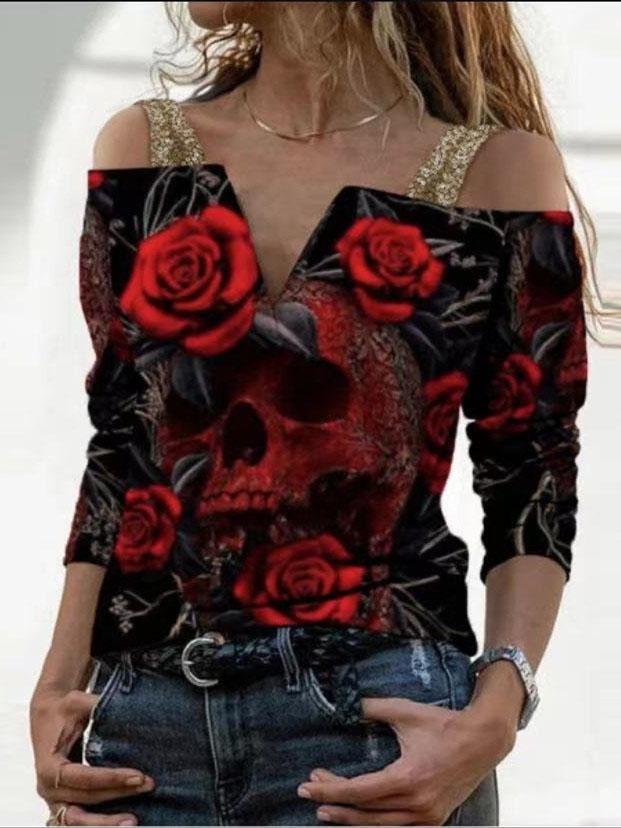 Loose Printed V-neck One-shoulder Long Sleeve T-shirt - T-shirts - INS | Online Fashion Free Shipping Clothing, Dresses, Tops, Shoes - 07/06/2021 - Color_Pink - Color_Purple