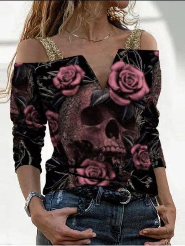 Loose Printed V-neck One-shoulder Long Sleeve T-shirt - T-shirts - INS | Online Fashion Free Shipping Clothing, Dresses, Tops, Shoes - 07/06/2021 - Color_Pink - Color_Purple