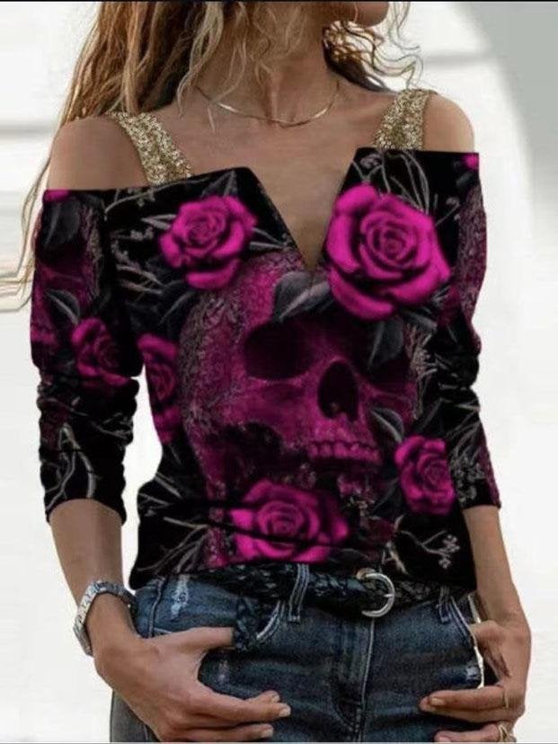 Loose Printed V-neck One-shoulder Long Sleeve T-shirt - T-shirts - INS | Online Fashion Free Shipping Clothing, Dresses, Tops, Shoes - 07/06/2021 - Color_Pink - Color_Purple