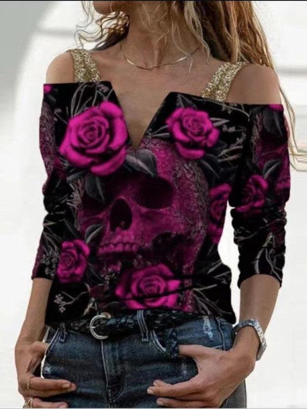 Loose Printed V-neck One-shoulder Long Sleeve T-shirt - T-shirts - INS | Online Fashion Free Shipping Clothing, Dresses, Tops, Shoes - 07/06/2021 - Color_Pink - Color_Purple