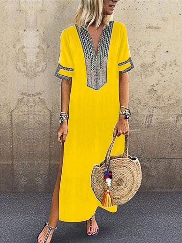 Loose Printed V-Neck Short Sleeve Dress - Maxi Dresses - INS | Online Fashion Free Shipping Clothing, Dresses, Tops, Shoes - 08/07/2021 - 20-30 - Category_Maxi Dresses