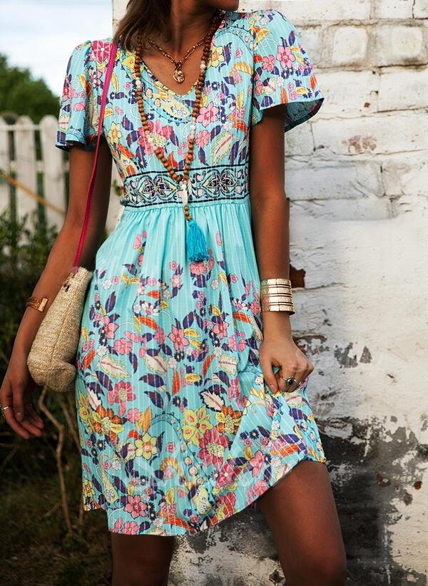 Loose Printed V-Neck Short Sleeve Dress - Midi Dresses - INS | Online Fashion Free Shipping Clothing, Dresses, Tops, Shoes - 18/06/2021 - 20-30 - Category_Midi Dresses