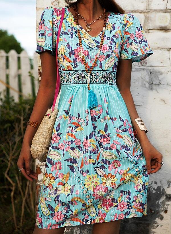Loose Printed V-Neck Short Sleeve Dress - Midi Dresses - INS | Online Fashion Free Shipping Clothing, Dresses, Tops, Shoes - 18/06/2021 - 20-30 - Category_Midi Dresses