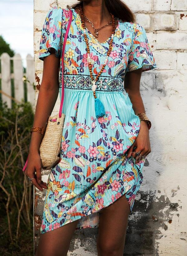 Loose Printed V-Neck Short Sleeve Dress - Midi Dresses - INS | Online Fashion Free Shipping Clothing, Dresses, Tops, Shoes - 18/06/2021 - 20-30 - Category_Midi Dresses