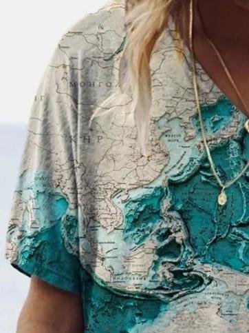 Loose Printed V-neck Short-sleeved T-shirt - T-shirts - INS | Online Fashion Free Shipping Clothing, Dresses, Tops, Shoes - 07/06/2021 - Color_Blue - Size_2XL