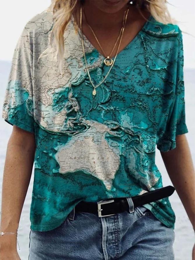 Loose Printed V-neck Short-sleeved T-shirt - T-shirts - INS | Online Fashion Free Shipping Clothing, Dresses, Tops, Shoes - 07/06/2021 - Color_Blue - Size_2XL