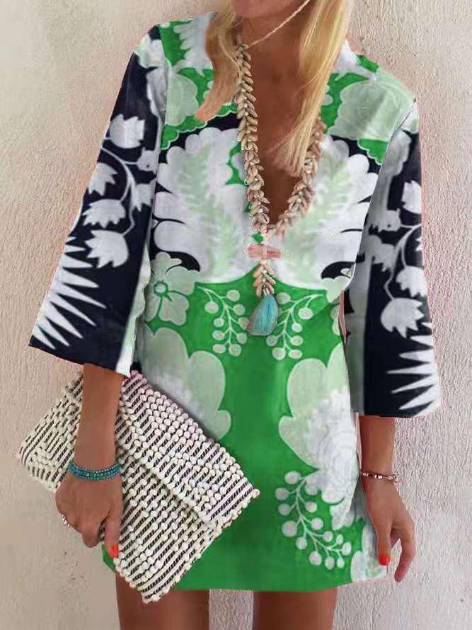 Loose Pullover 3/4 Sleeve V-neck Dress - Mini Dresses - INS | Online Fashion Free Shipping Clothing, Dresses, Tops, Shoes - 11/06/2021 - Color_Green - Color_Pink