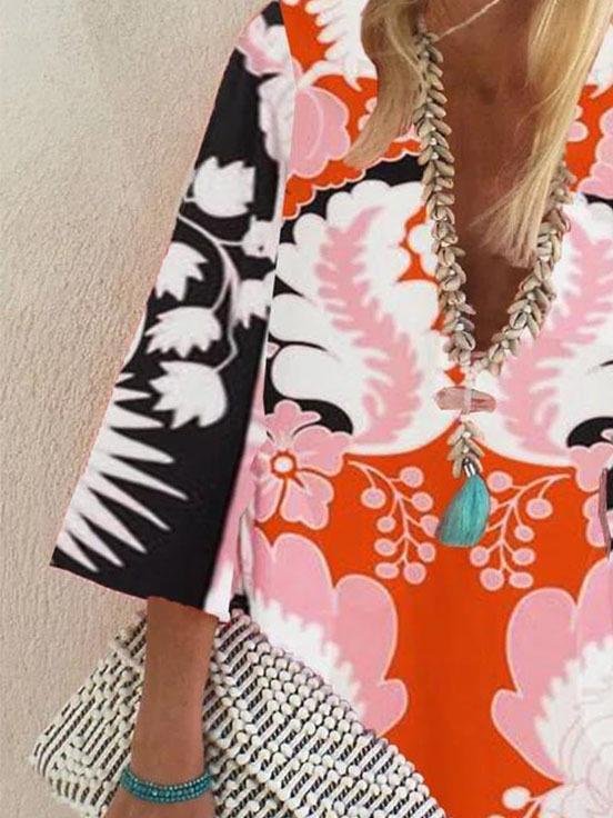 Loose Pullover 3/4 Sleeve V-neck Dress - Mini Dresses - INS | Online Fashion Free Shipping Clothing, Dresses, Tops, Shoes - 11/06/2021 - Color_Green - Color_Pink