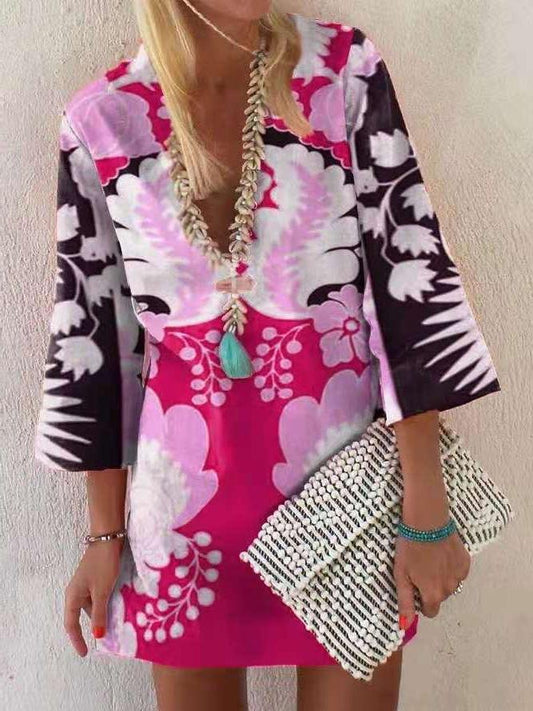 Loose Pullover 3/4 Sleeve V-neck Dress - Mini Dresses - INS | Online Fashion Free Shipping Clothing, Dresses, Tops, Shoes - 11/06/2021 - Color_Green - Color_Pink