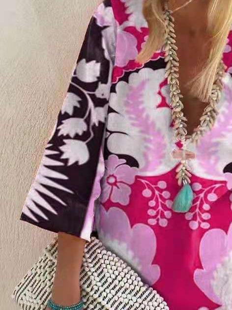 Loose Pullover 3/4 Sleeve V-neck Dress - Mini Dresses - INS | Online Fashion Free Shipping Clothing, Dresses, Tops, Shoes - 11/06/2021 - Color_Green - Color_Pink