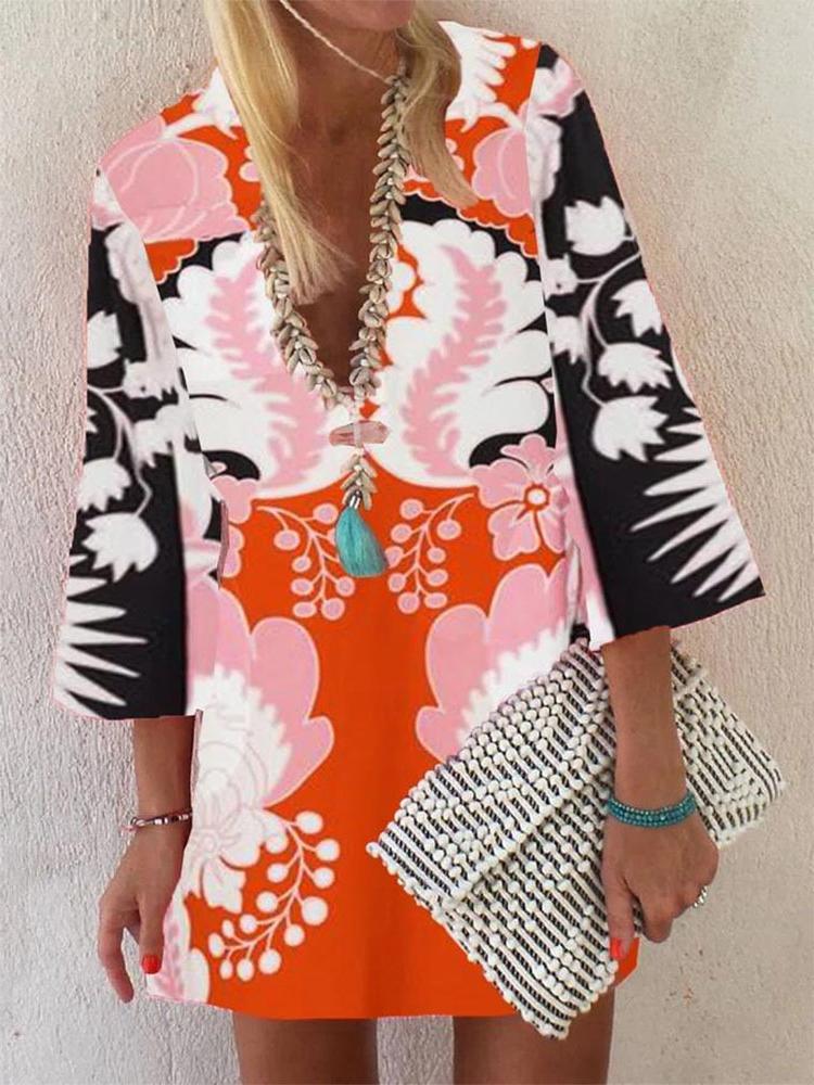 Loose Pullover 3/4 Sleeve V-neck Dress - Mini Dresses - INS | Online Fashion Free Shipping Clothing, Dresses, Tops, Shoes - 11/06/2021 - Color_Green - Color_Pink