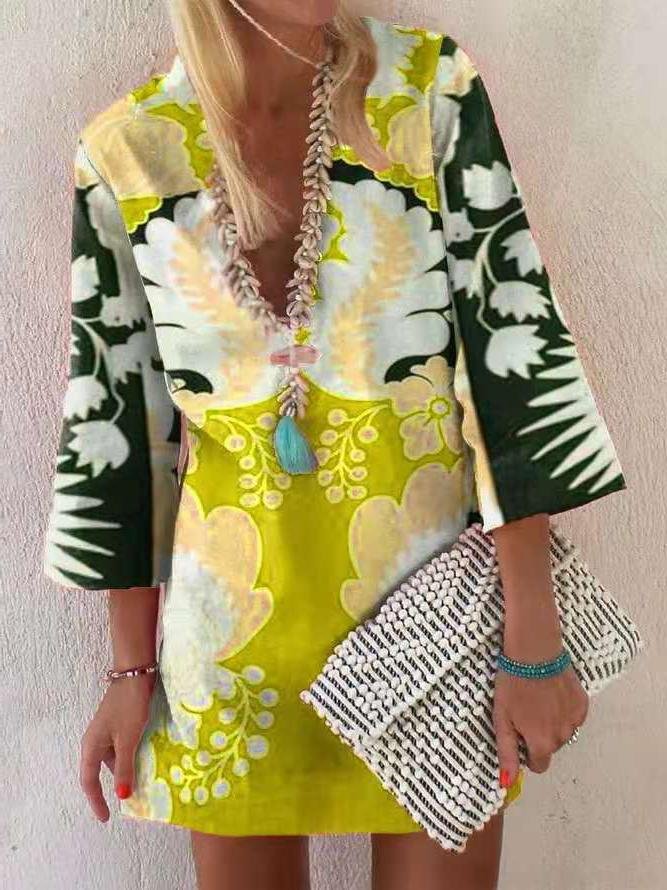 Loose Pullover 3/4 Sleeve V-neck Dress - Mini Dresses - INS | Online Fashion Free Shipping Clothing, Dresses, Tops, Shoes - 11/06/2021 - Color_Green - Color_Pink