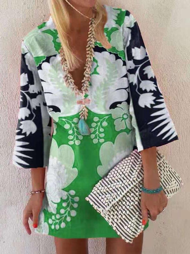 Loose Pullover 3/4 Sleeve V-neck Dress - Mini Dresses - INS | Online Fashion Free Shipping Clothing, Dresses, Tops, Shoes - 11/06/2021 - Color_Green - Color_Pink