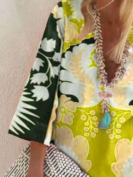 Loose Pullover 3/4 Sleeve V-neck Dress - Mini Dresses - INS | Online Fashion Free Shipping Clothing, Dresses, Tops, Shoes - 11/06/2021 - Color_Green - Color_Pink