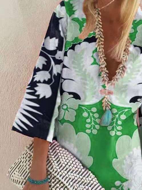 Loose Pullover 3/4 Sleeve V-neck Dress - Mini Dresses - INS | Online Fashion Free Shipping Clothing, Dresses, Tops, Shoes - 11/06/2021 - Color_Green - Color_Pink