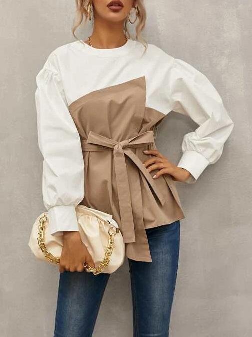Loose Pullover Lantern Sleeve Shirt With Belt - Blouses - INS | Online Fashion Free Shipping Clothing, Dresses, Tops, Shoes - 09/07/2021 - 20-30 - BLO2107091182