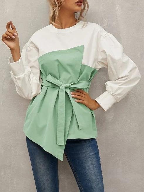 Loose Pullover Lantern Sleeve Shirt With Belt - Blouses - INS | Online Fashion Free Shipping Clothing, Dresses, Tops, Shoes - 09/07/2021 - 20-30 - BLO2107091182