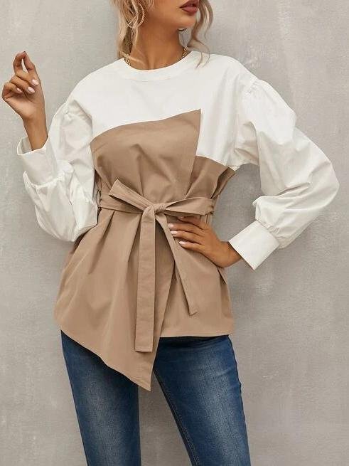 Loose Pullover Lantern Sleeve Shirt With Belt - Blouses - INS | Online Fashion Free Shipping Clothing, Dresses, Tops, Shoes - 09/07/2021 - 20-30 - BLO2107091182