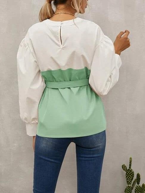 Loose Pullover Lantern Sleeve Shirt With Belt - Blouses - INS | Online Fashion Free Shipping Clothing, Dresses, Tops, Shoes - 09/07/2021 - 20-30 - BLO2107091182
