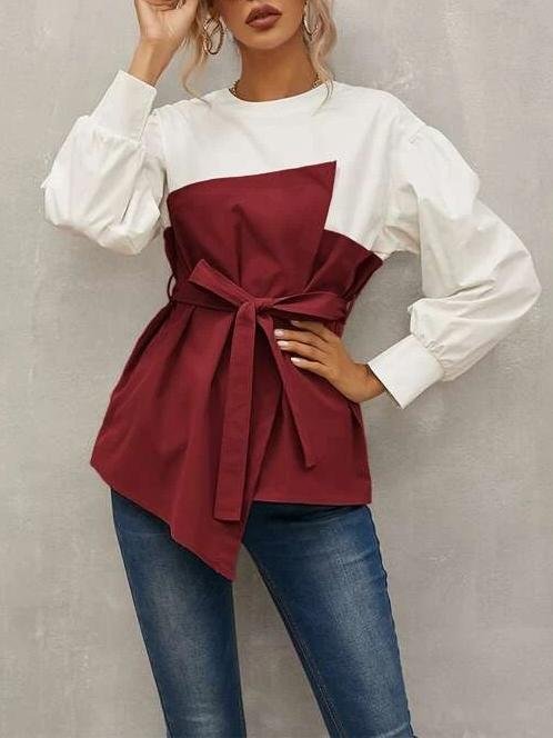 Loose Pullover Lantern Sleeve Shirt With Belt - Blouses - INS | Online Fashion Free Shipping Clothing, Dresses, Tops, Shoes - 09/07/2021 - 20-30 - BLO2107091182
