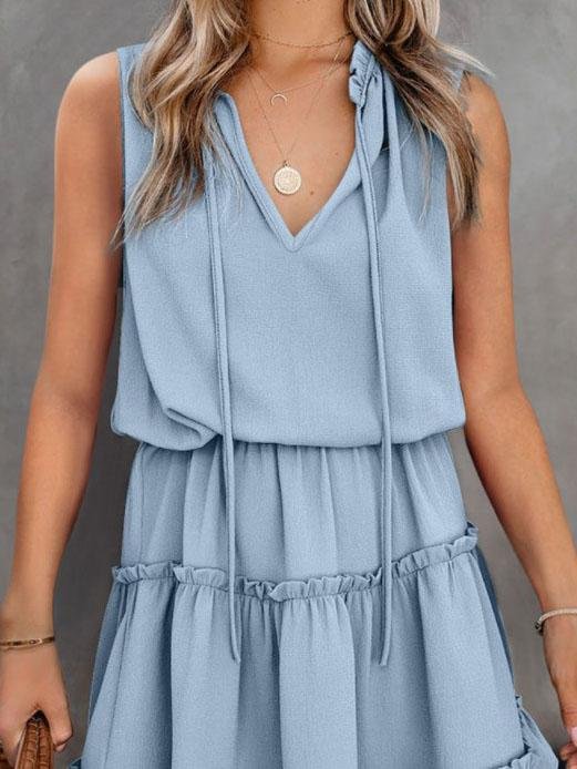 Loose Pullover Solid Color V-neck Ruffle Dress - Mini Dresses - INS | Online Fashion Free Shipping Clothing, Dresses, Tops, Shoes - 08/06/2021 - Color_Black - Color_Blue